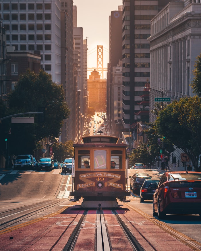 the tram in san francisco during sunset in the american city, united states of america