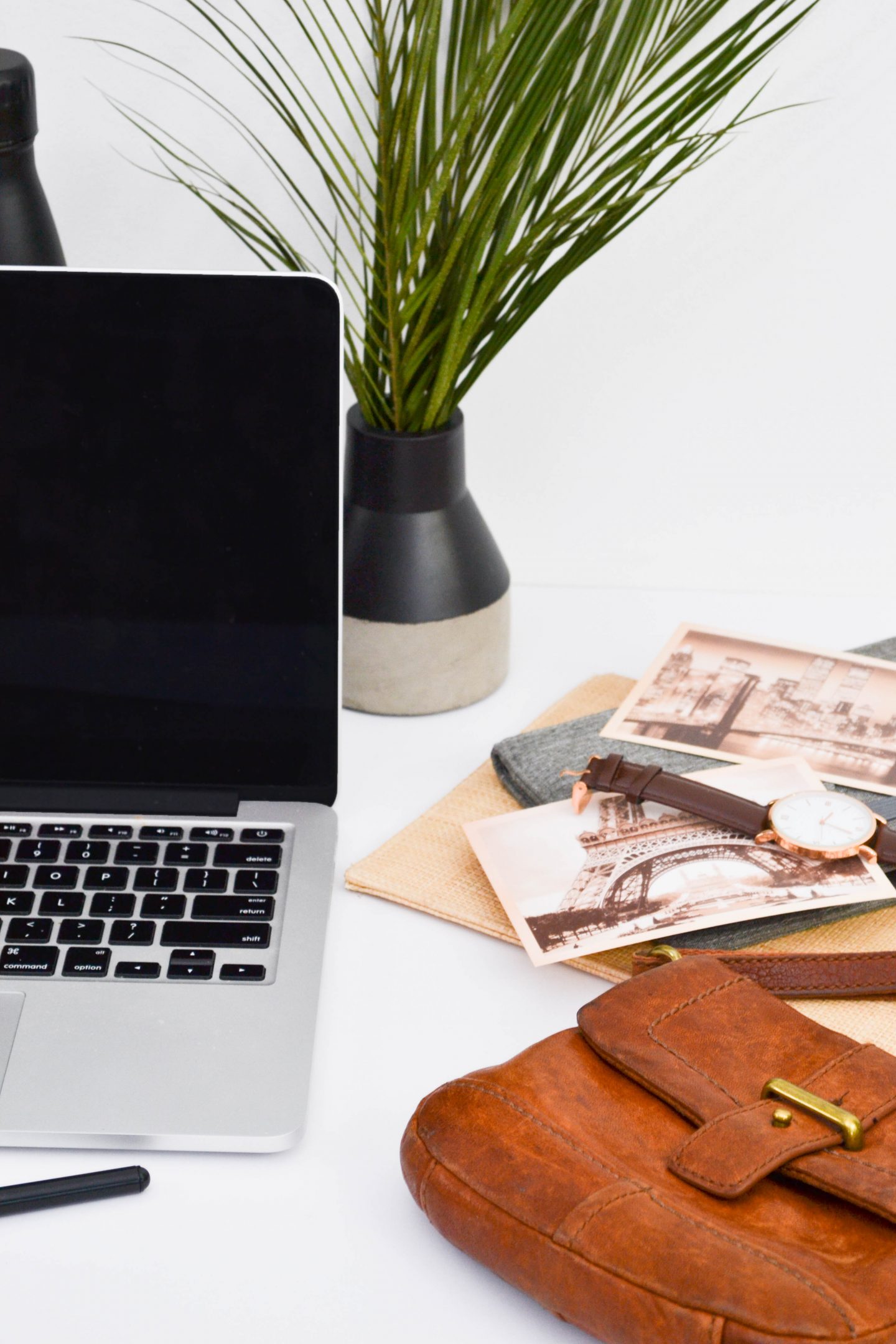 a laptop with a plant, a bag and pictures