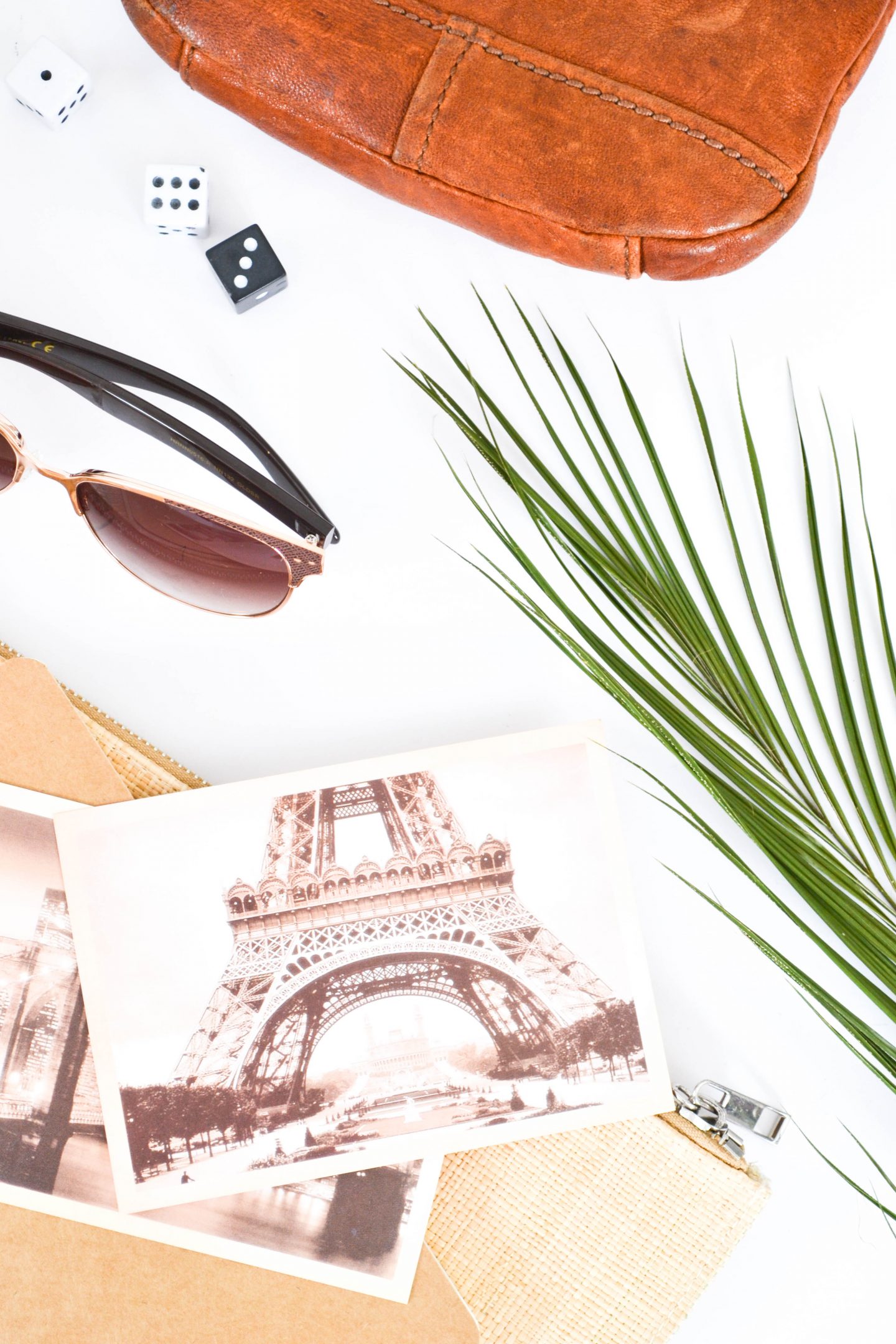 a flatlay with a plant leaf, a bag, sunglasses and pictures of the eiffeltower