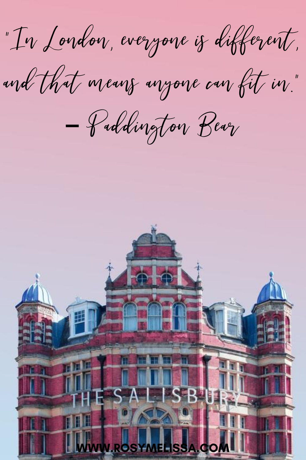 a red building during sunset with a pink sky, london quote from paddington bear