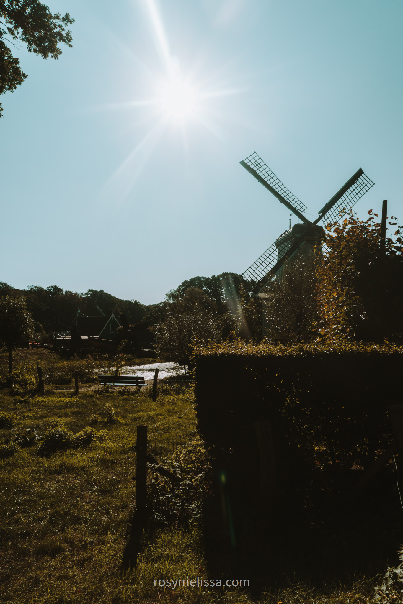 windmill view in the netherlands, blue sky, day trip from amsterdam