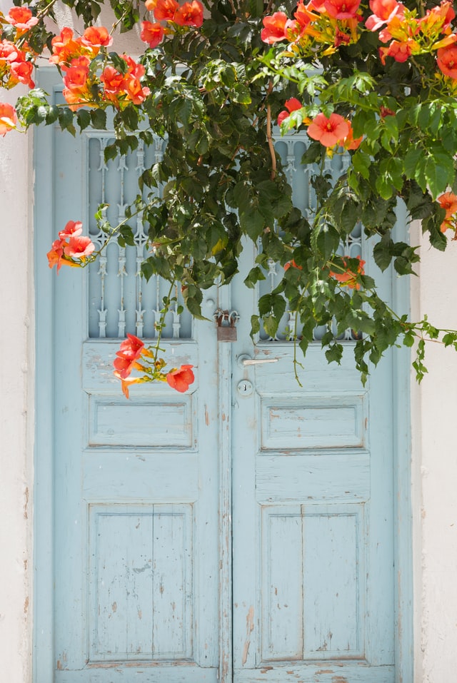 blue door with flowers in greece